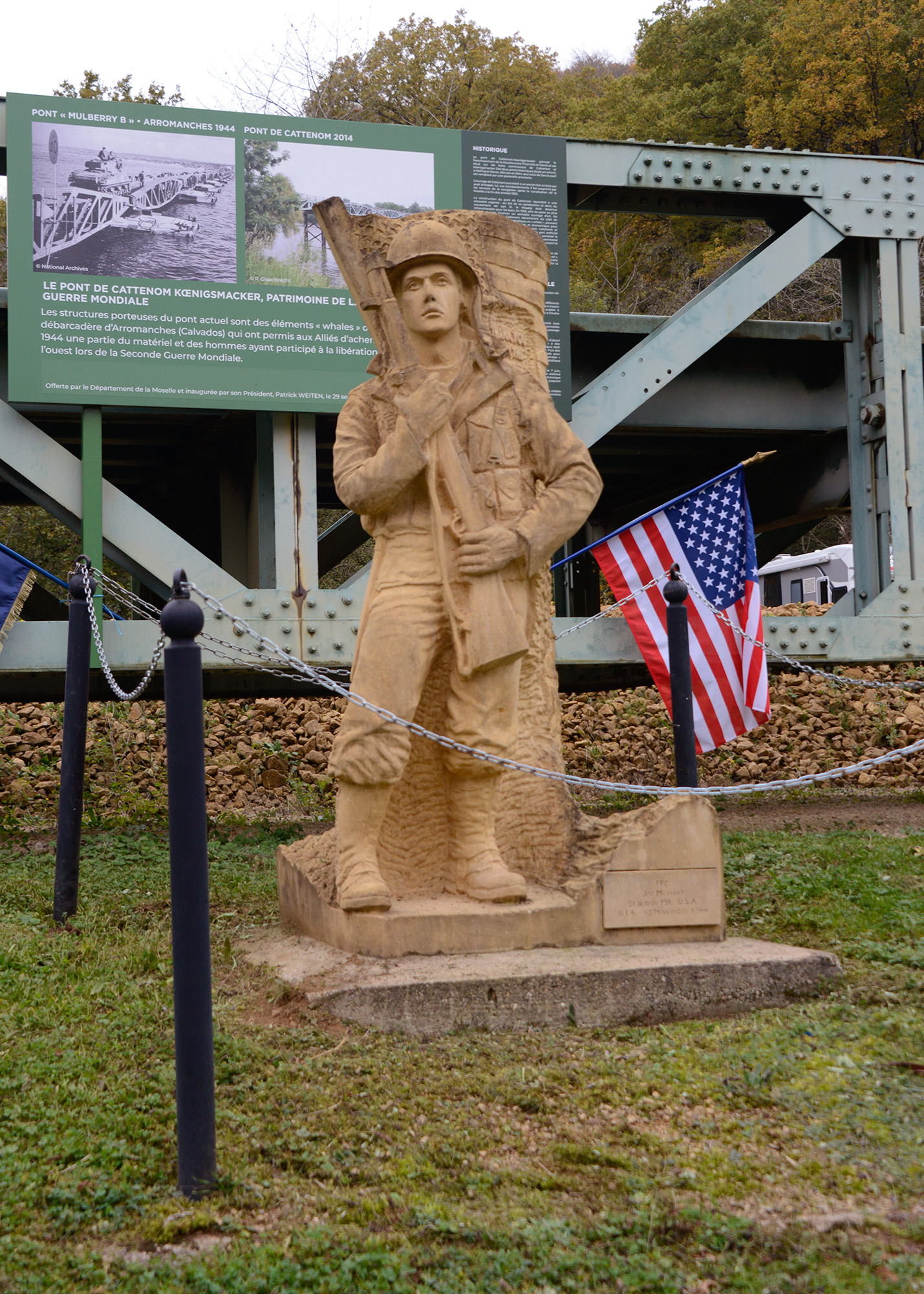 This statue at Fort Hackenburg, France, was dedicated to Joseph Mesina, I Company, 378th Regiment, 95th ID in November 2004. Mesina was one of 15 soldiers killed while crossing Longville bridge in Metz when German engineers destroyed the bridge November 18, 1944.