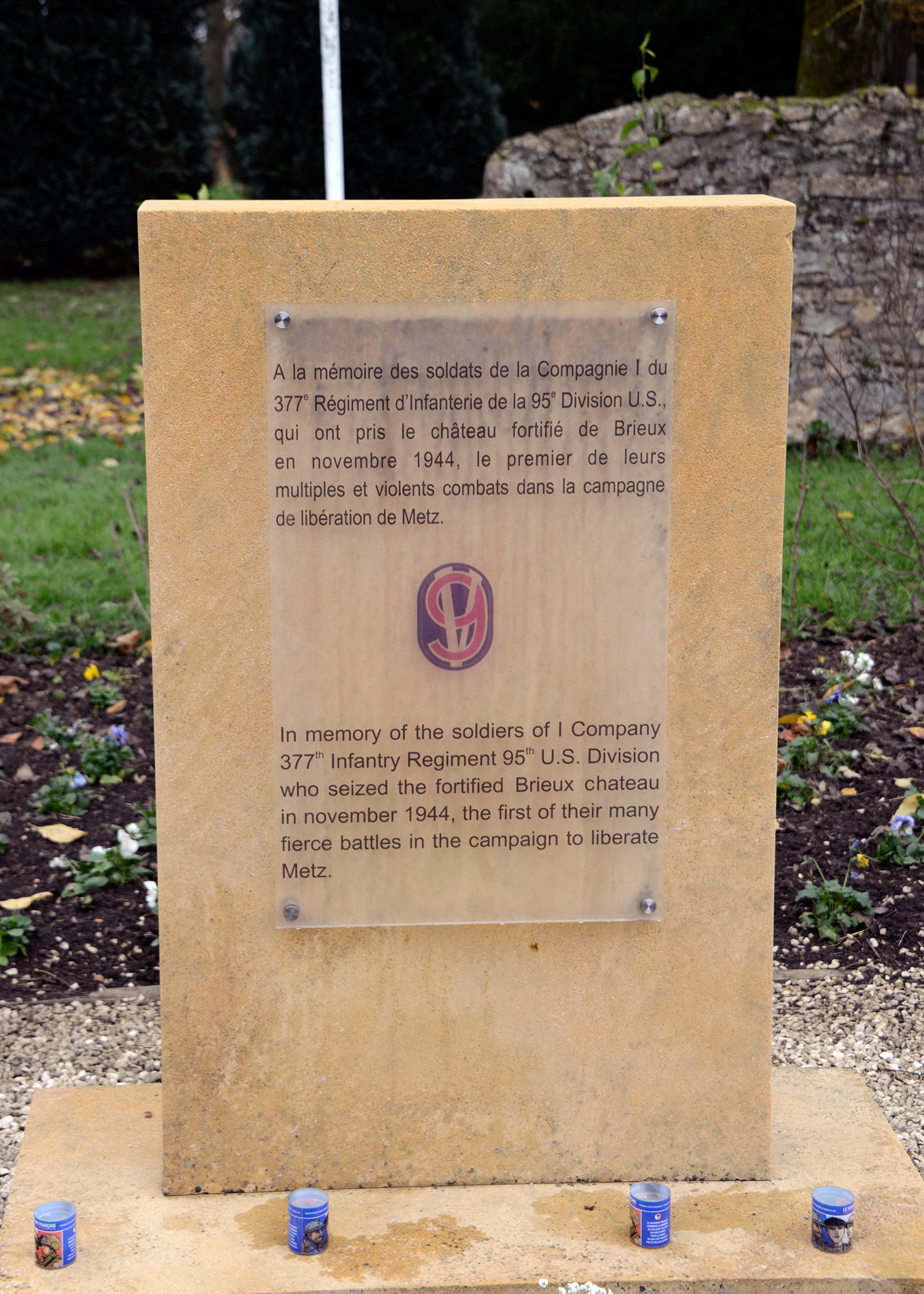 Monument honoring I Company, 377th Regiment, 95th ID for seizing the fortified Château Brieux in Maizières-lès-Metz November 8-9, 1944.