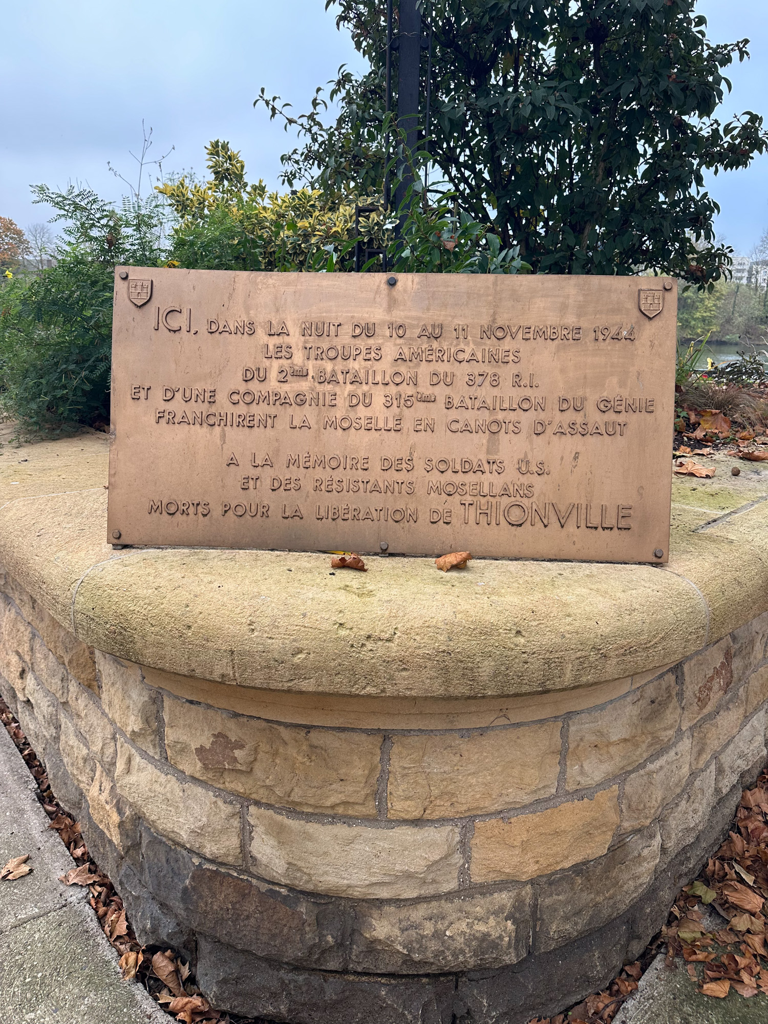 This plaque honors 2nd Battalion, 378th Regiment, 95th ID for taking the Moselle River bridgehead at Thionville, France, November 11, 1944.