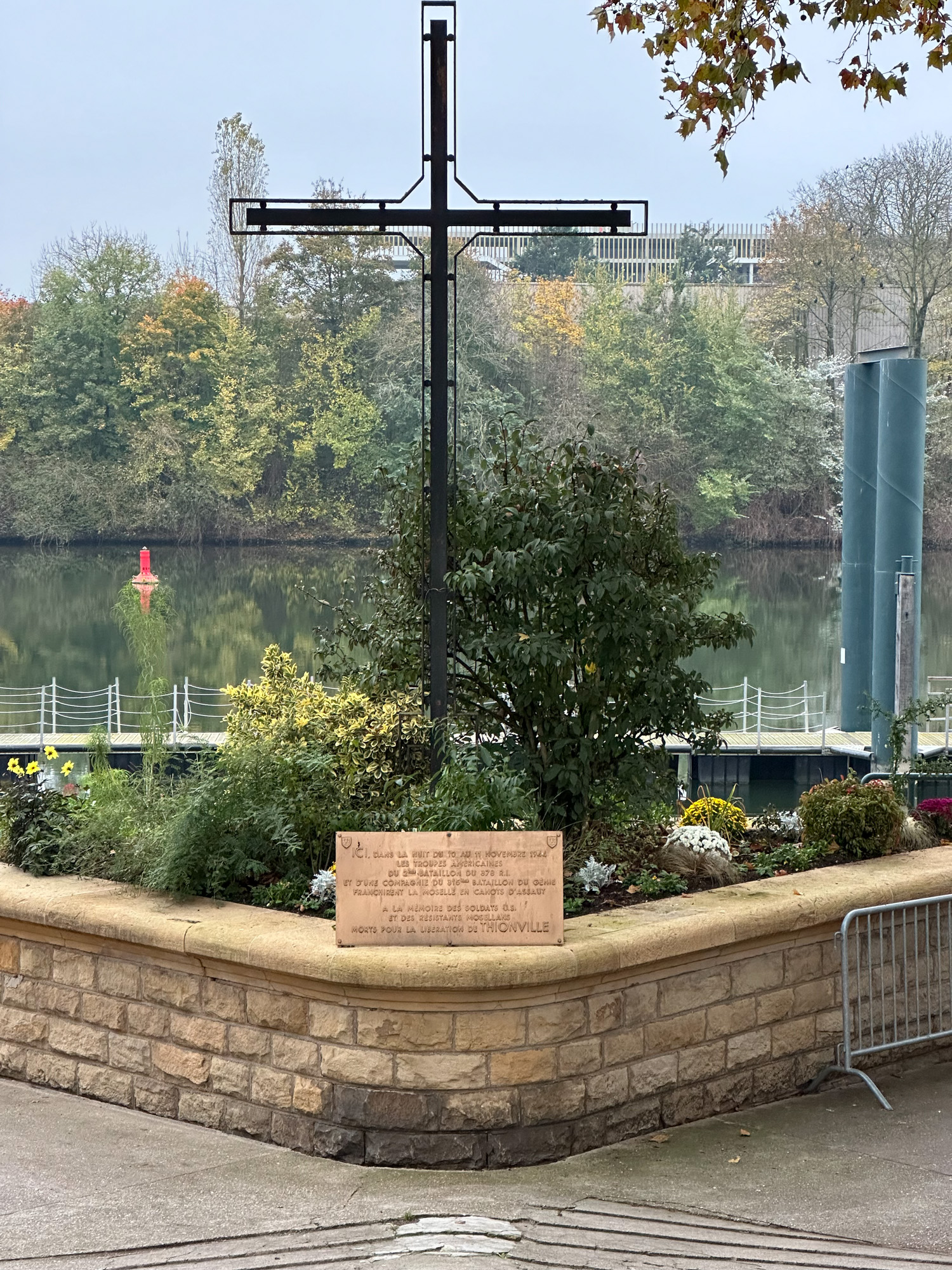 The plaque honoring 2nd Battalion, 378th Regiment, 95th ID for taking the Moselle River bridgehead at Thionville, France, is located directly across from Fort Yutz. November 11-12, 1944, the 2nd Battalion crossed the river and began their attack on the fort.