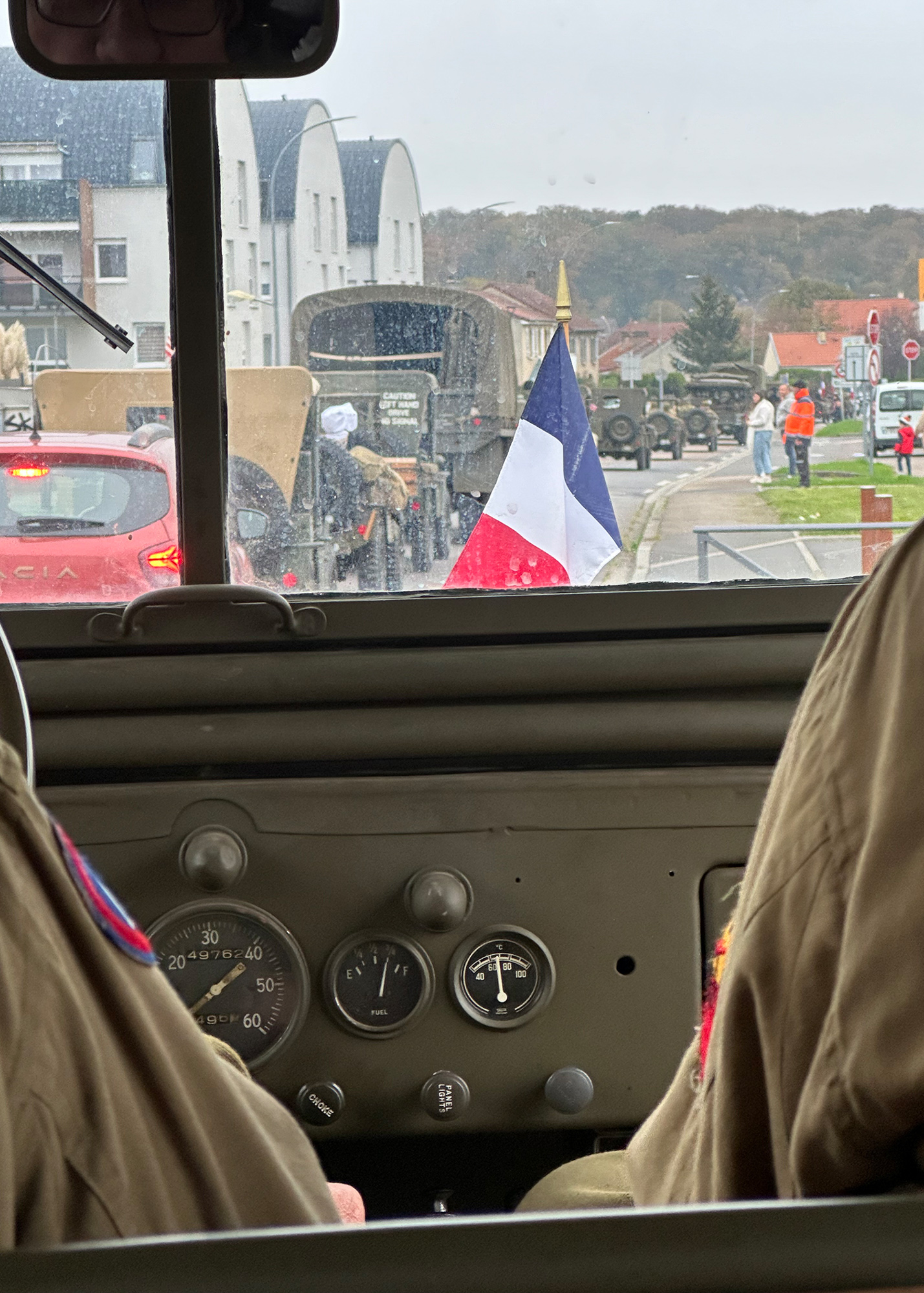 Sometimes we were given a choice between taking the bus or riding in a military vehicle to our next destination. Gérard Perruchot was the driver of this staff car, but he explained that the staff car belonged to a good friend who had passed away two years ago. In honor of the friend, members of the Club de l’Est du Véhicule Militaire (CEVM) maintained the staff car and continue to drive it in parades.