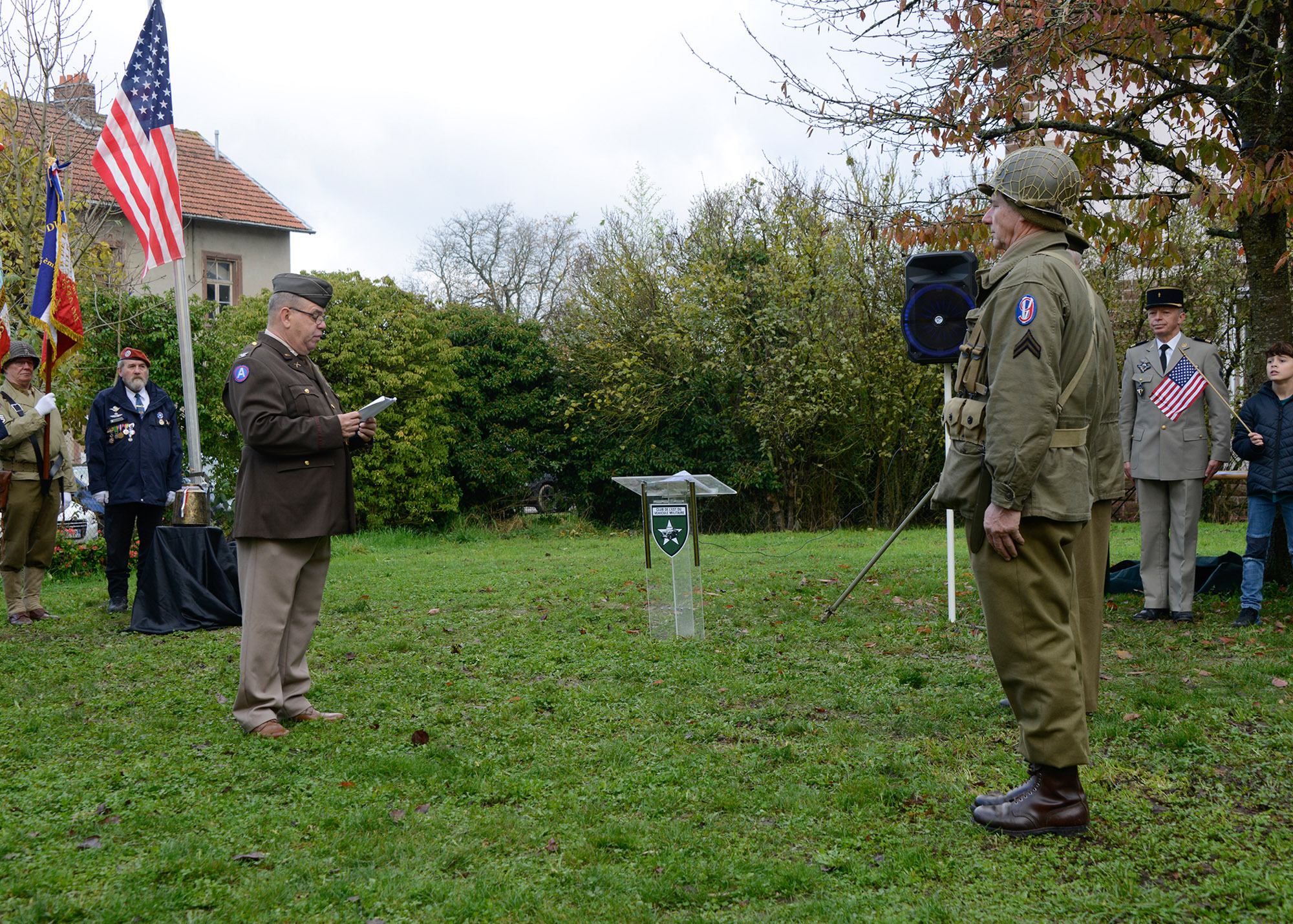 Pascal Moretti reads a citation promoting Gérard Dodeller with the honorary title of Colonel during a commemoration for the 80th Anniversary of the Liberation of Vigy. The 95th Infantry Division’s Task Force Bacon liberated Vigy November 17-18, 1944.