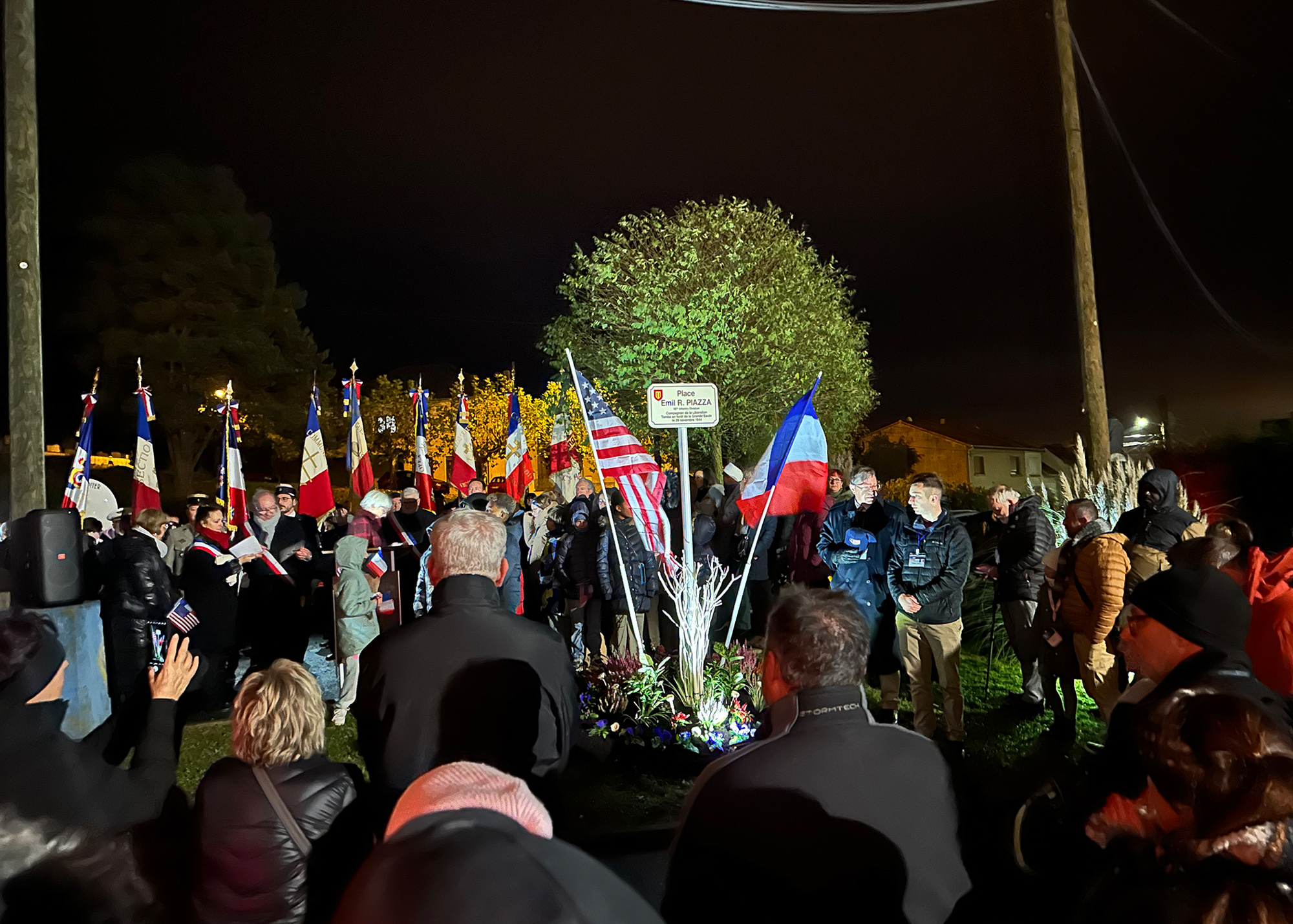 A plaza in Falck was dedicated to Emil R. Piazza, Company D, 378th Regiment in Falck the evening of November 17, 2024. Piazza was killed in action in nearby Merten on November 29, 1944.