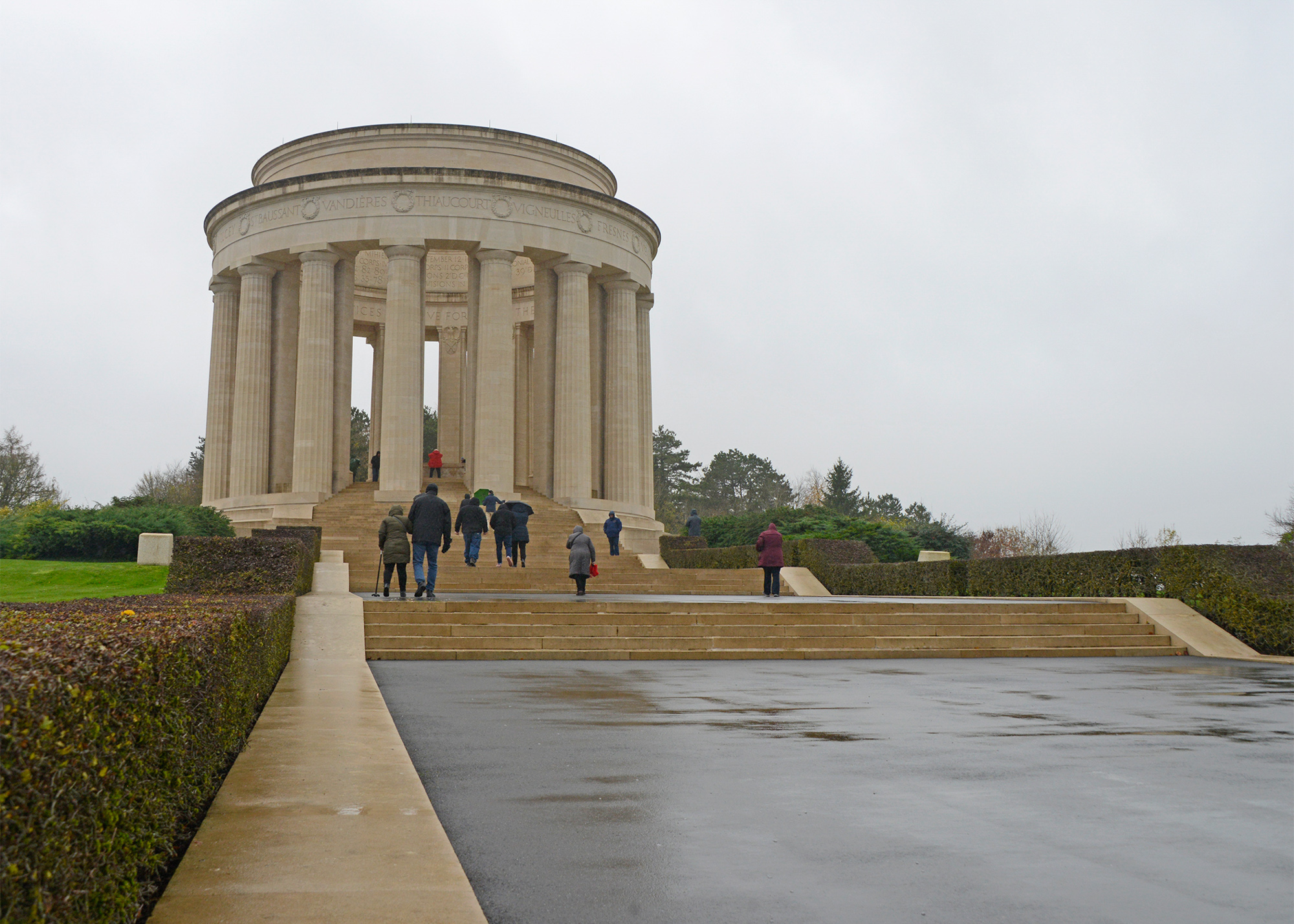Perched on the Butte of Montsec (alt. 1,230 feet) and dominate over the countryside around it, the World War I Montsec American Monument commemorates the achievements of the American soldiers who fought in this area in 1917 and 1918. The view from the monument is spectacular even on a cloudy, rainy day.