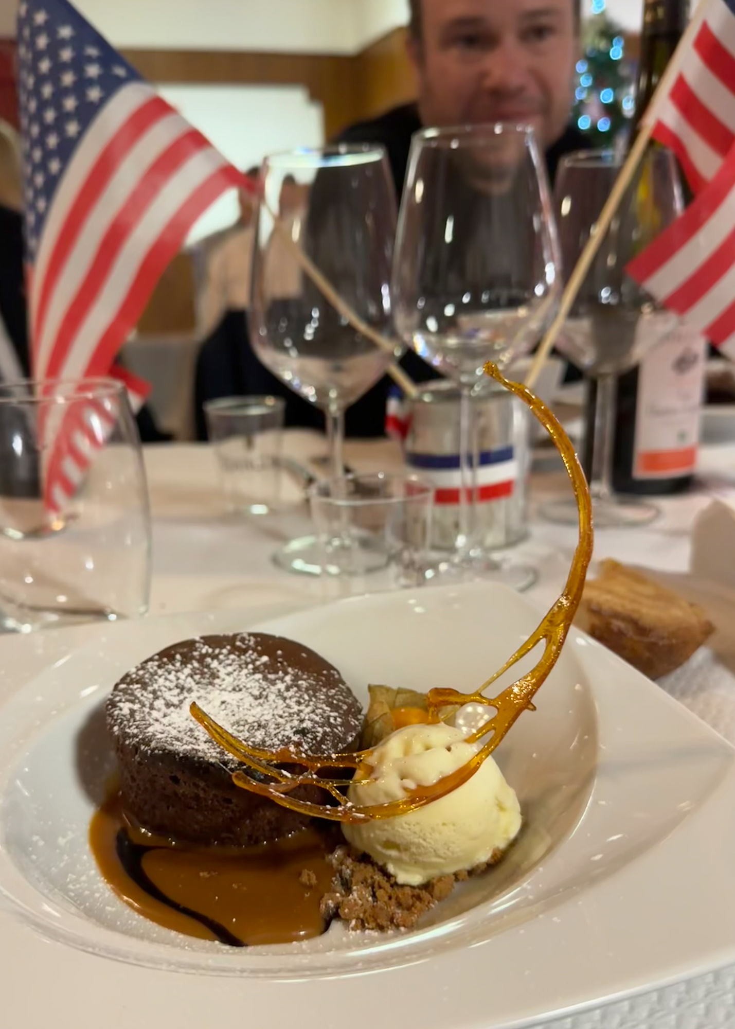 Warm chocolate cake served with ice cream
