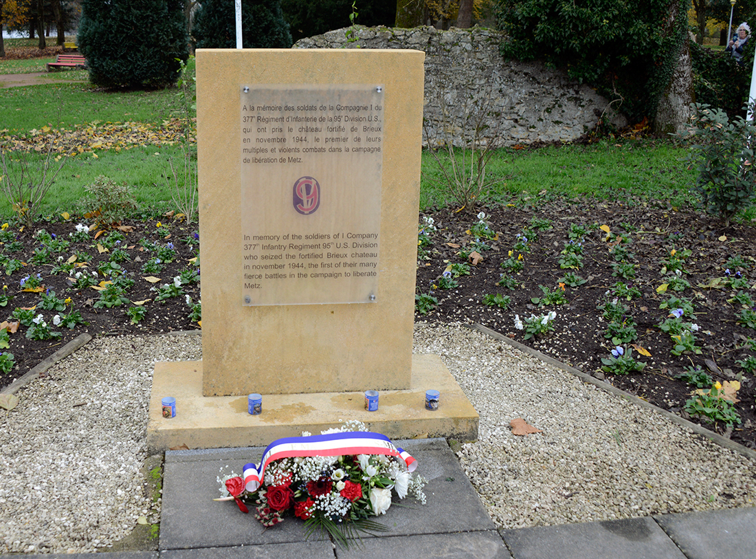 This monument near the ruins of Château Brieux in Maizières-lès-Metz is dedicated to the soldiers of I Co., 377th Reg. who seized Château Brieux, one of the first battles in the campaign to liberate Metz.