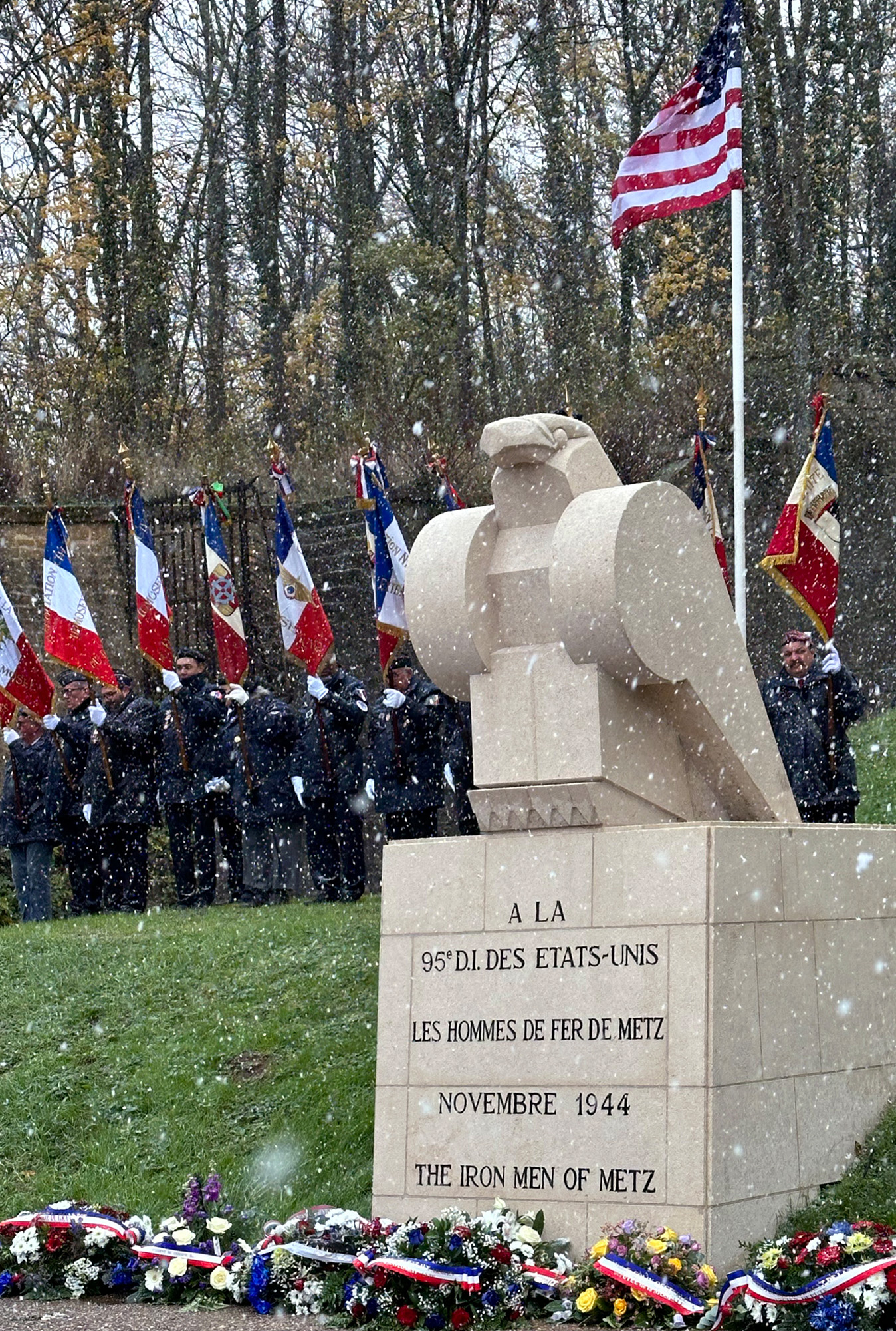 Ceremonies at the 95th Infantry Division's Eagle at Fort Bellecroix were held the afternoon of November 22. The cold, windy and snowy day made us remember and appreciate what our fathers, grandfathers and uncles endured during the winter of 1944-1945 as they fought for liberation in Europe.