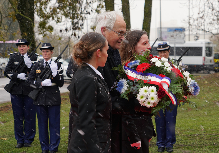 One of many wreaths placed at the base of the Eagle monument at Fort Bellecroix.