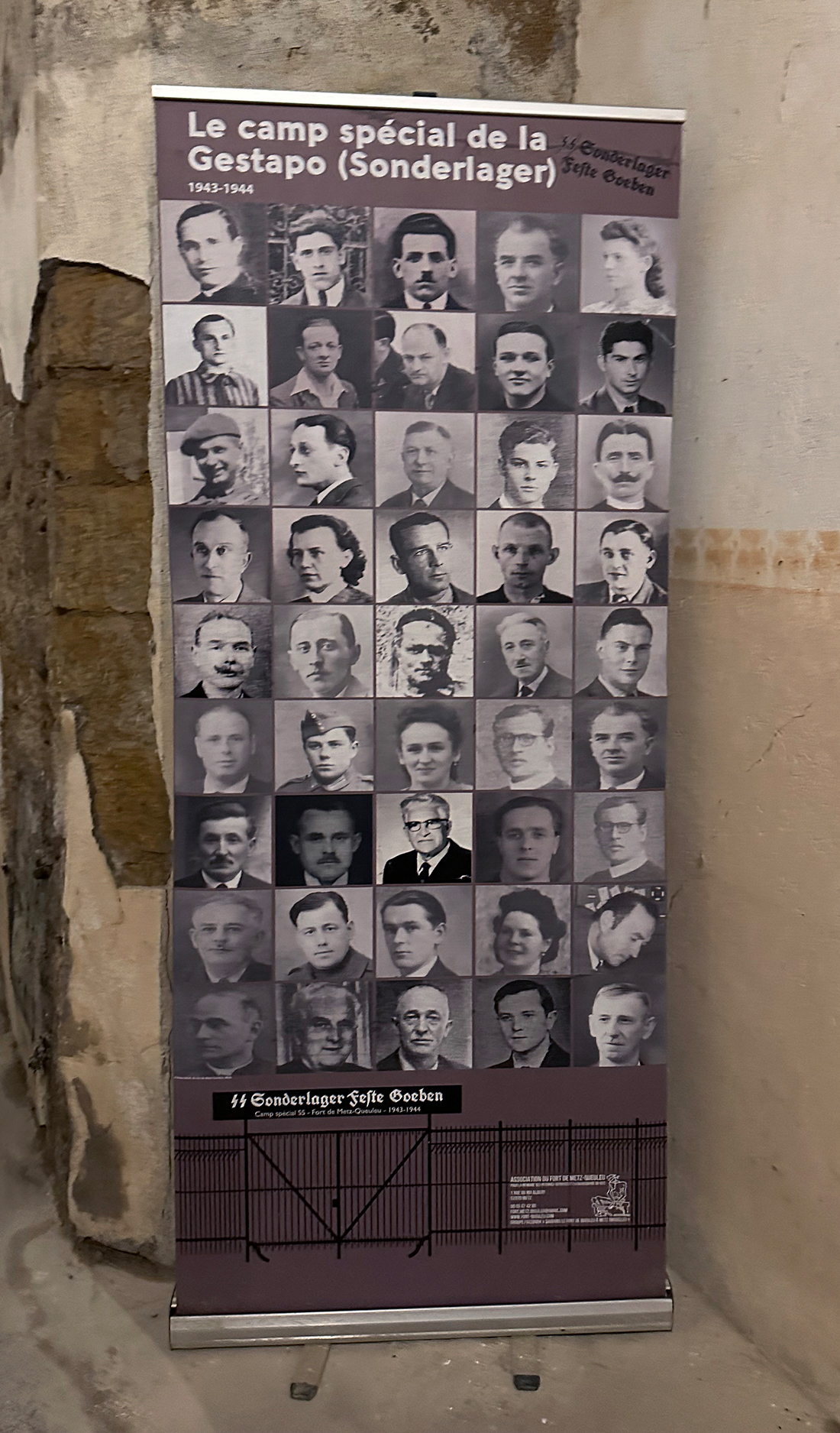 This poster shows portraits of some of the 1,500 to 1,800 prisoners held by the Gestapo at Fort Queuleu between October 1943 and August 1944. They include 36 who died here and many who were victims of torture inflicted by the camp commander. Most were eventually sent to concentration camps.
