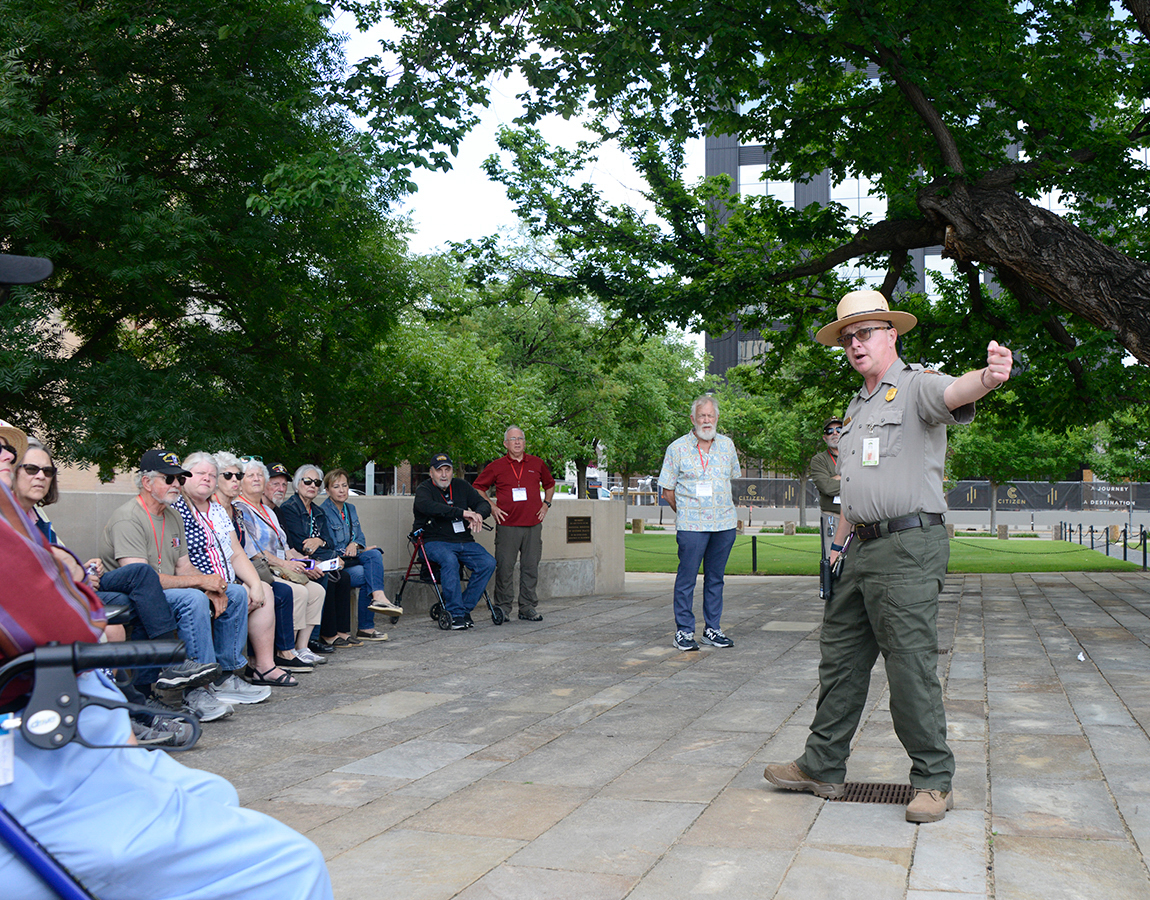 Oklahoma City National Memorial and Museum guide Corey Carr explains the events surrounding the 1995 bombing of the Murrah Federal Building and the creation of an appropriate memorial to honor those touched by the event.