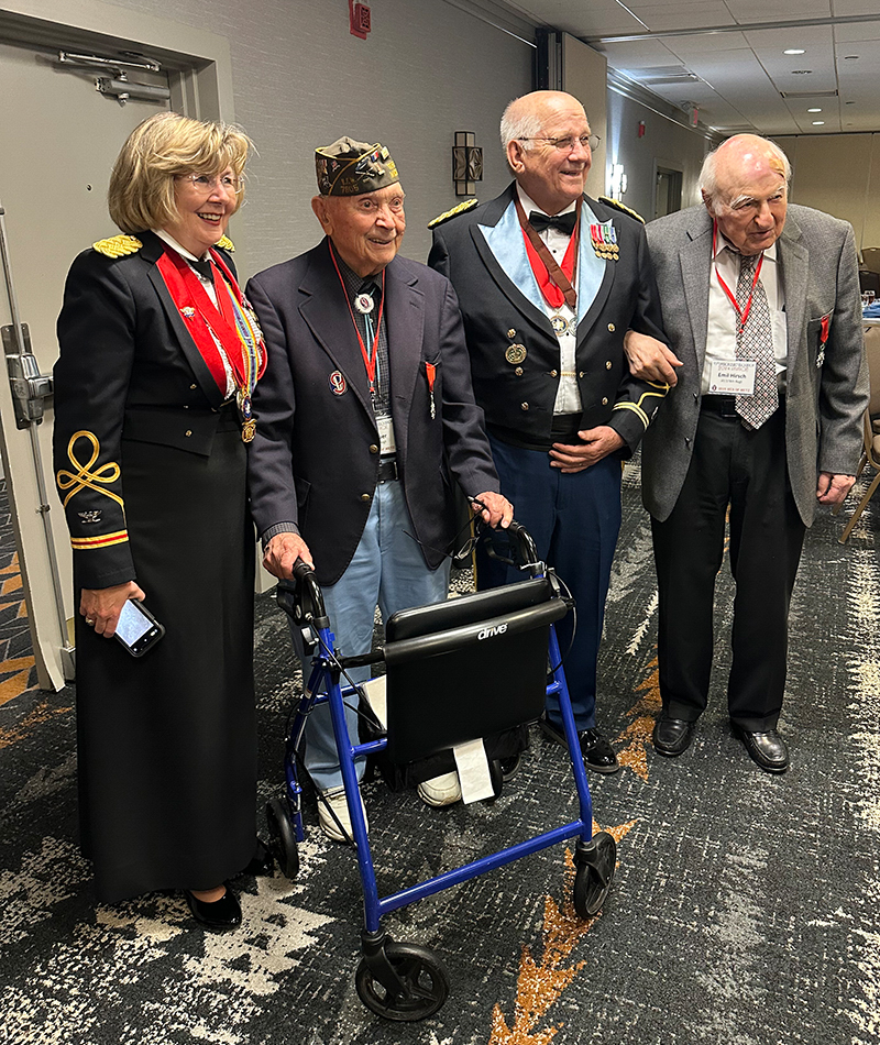 Col. (R) Kelly Zachgo, WWII veteran Ceo Bauer, Col. (R) James Wilhite and WWII veteran Emil Hirsch gather for a photo after the Association Formal Banquet, Saturday, May 18, 2024. Col. Wilhite was inducted into the Oklahoma Military Hall of Honor earlier in the evening.