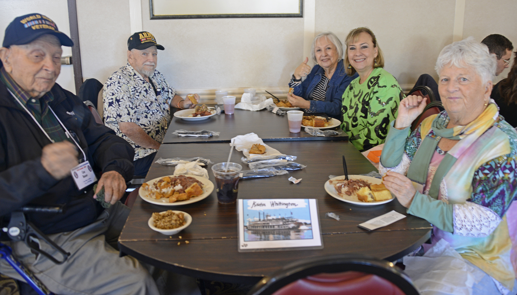 Ceo Bauer, Ken Curll, Mary Gomez Curll, Kelly Curll and Billie Bauer having lunch aboard the Nachez.
