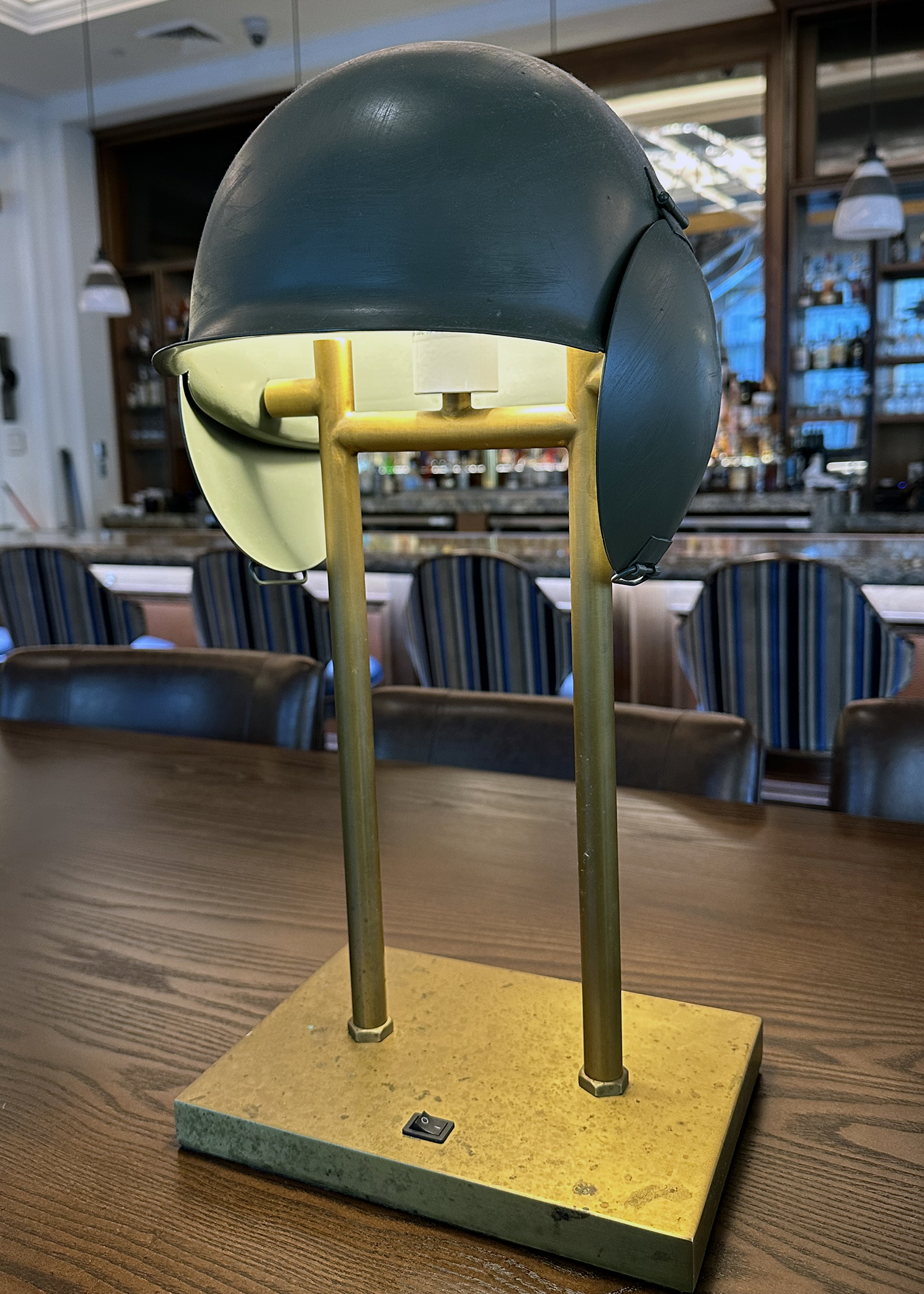 USAAF flack helmet converted into a lamp in Kilroy's Bar in the Higgins Hotel