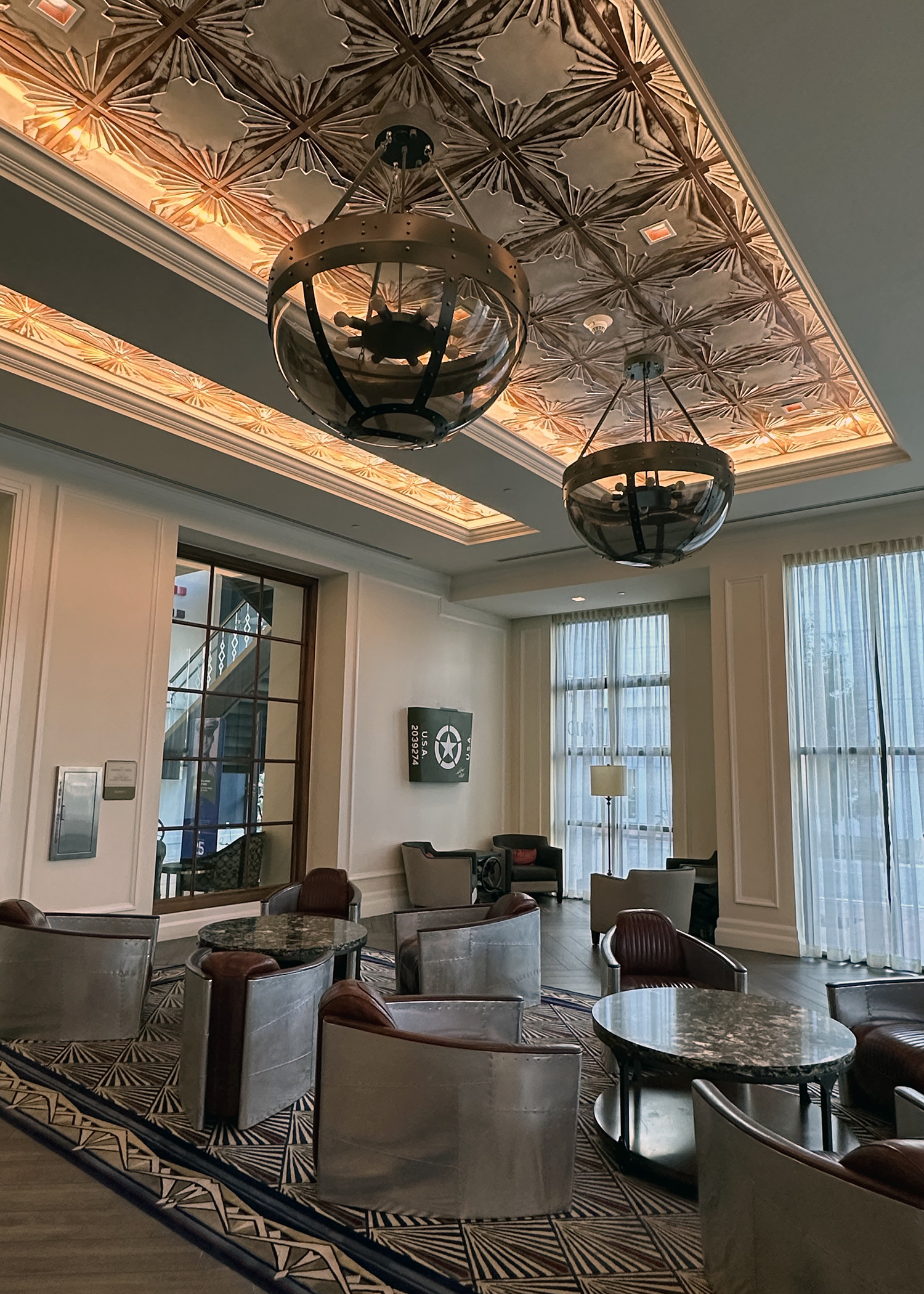 Art Deco and WWII memoriabilia can be seen throughout the Higgins Hotel.