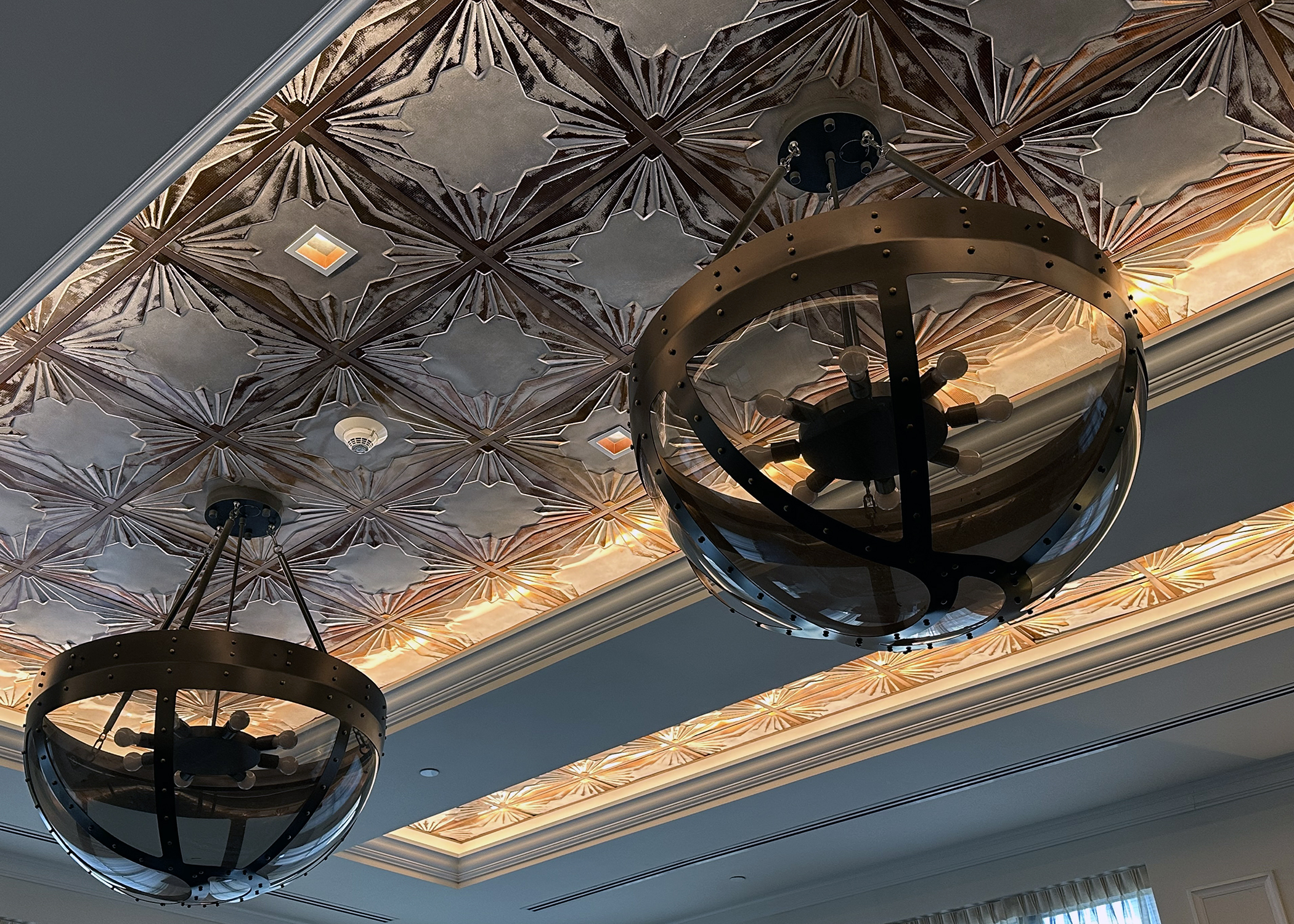 Chandeliers in the shape of the nose of a B-17 Flying Fortress.