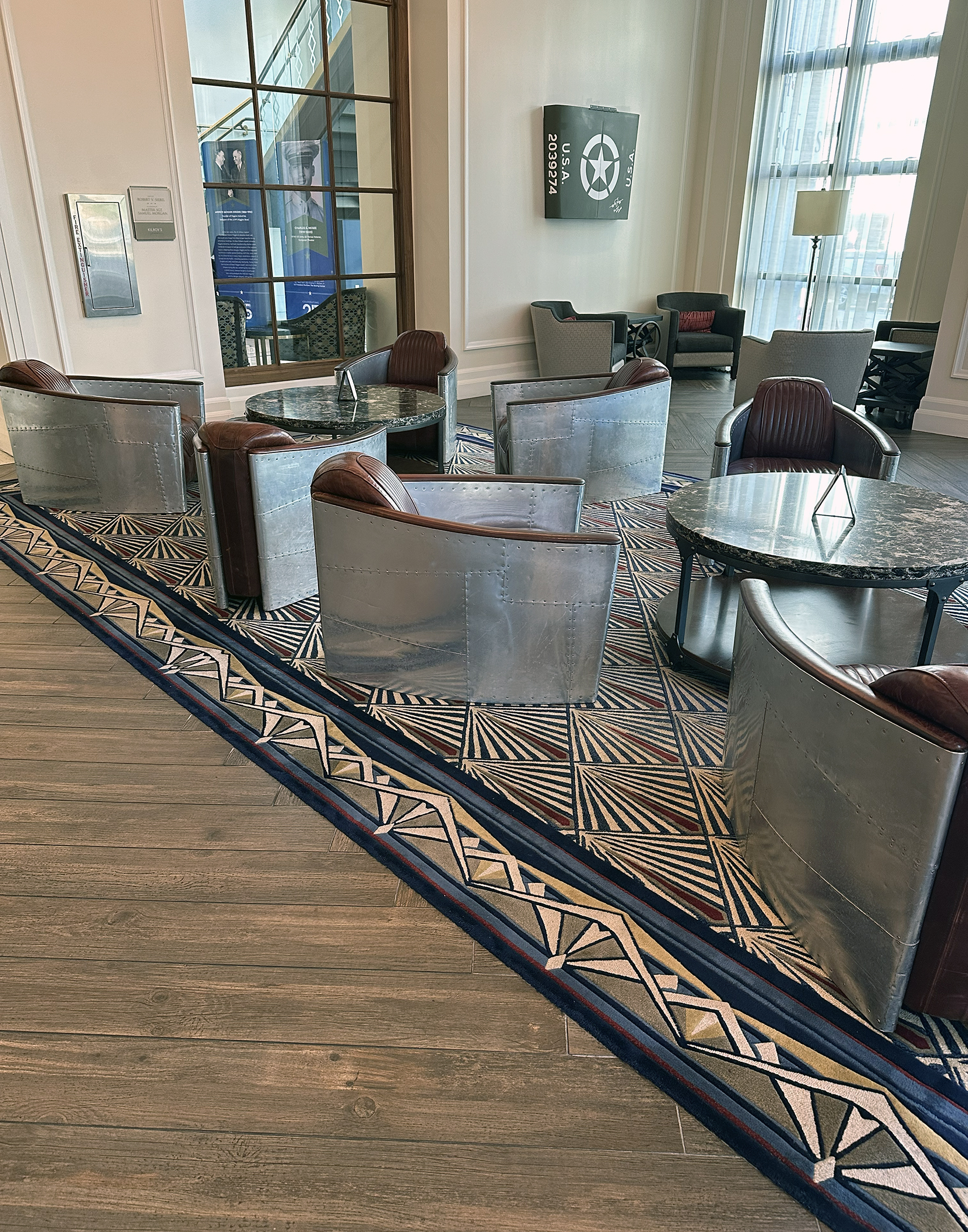 Chairs replicating the cockpit seats of P-51 Mustangs.