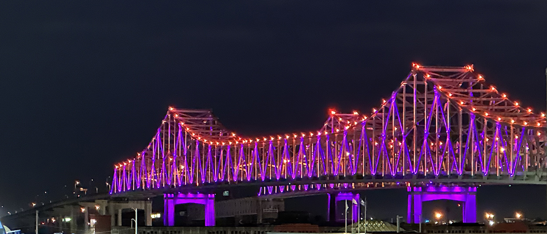 View of the Crescent City Connection bridge from Rosie's. This is the furthest downstream bridge on the Mississippi River.