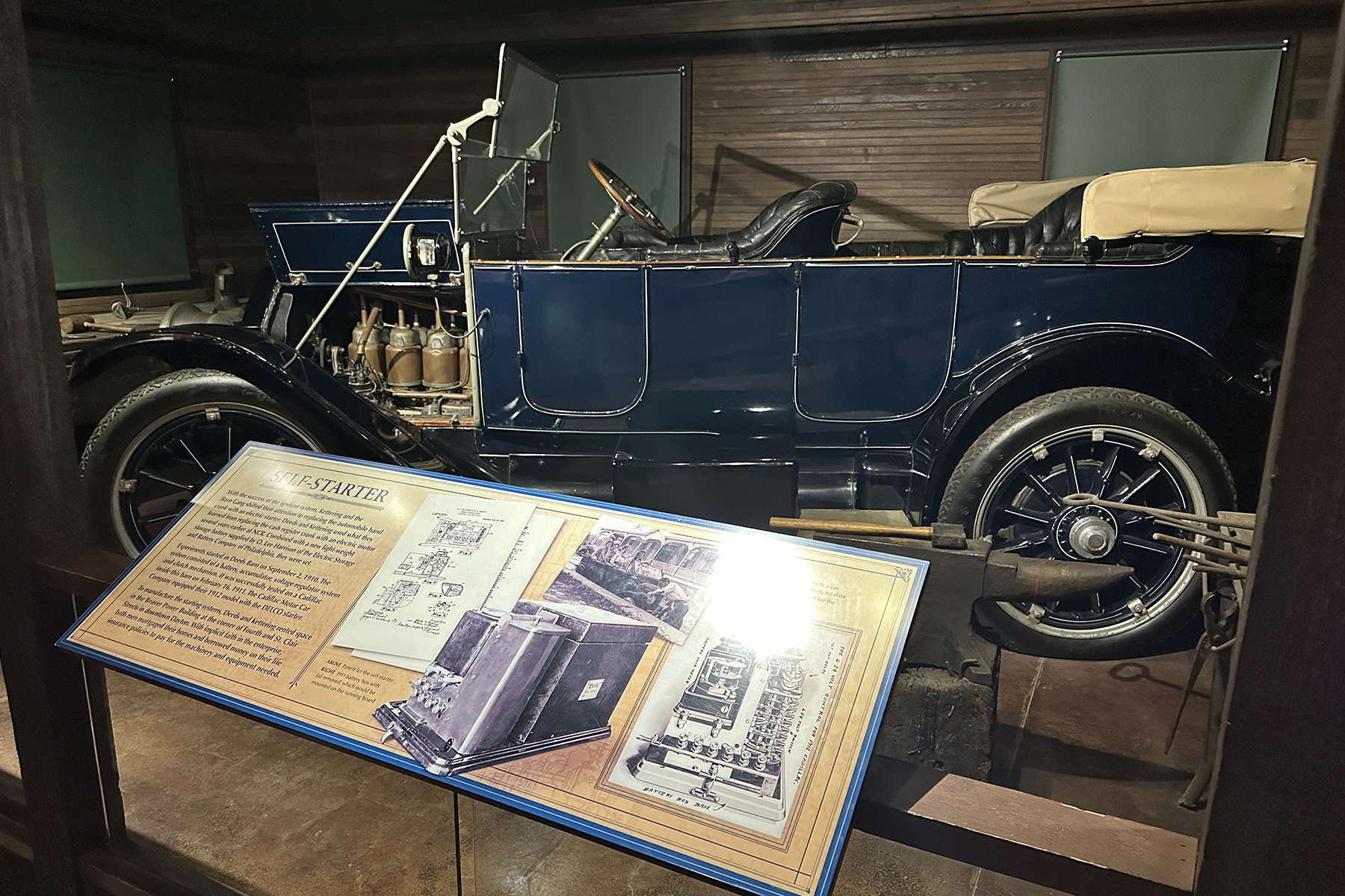 The electic self-starter was developed in 1910-1911 in the Dayton area. The Cadillac Motor Car Company equipped their 1912 model with the DELCO starter.